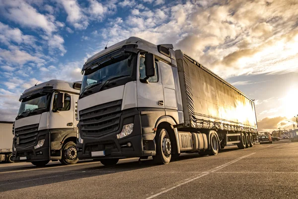 Camiones en fila con contenedores en el estacionamiento. Concepto logístico y de transporte — Foto de Stock