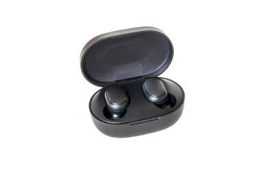 Wireless earphone bluetooth voice control with charger isolated on white background