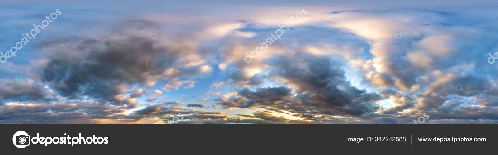 Seamless cloudy blue sky hdri panorama 360 degrees angle view with zenith  and beautiful clouds for use in 3d graphics or game development as sky dome  or edit drone shot Stock Photo
