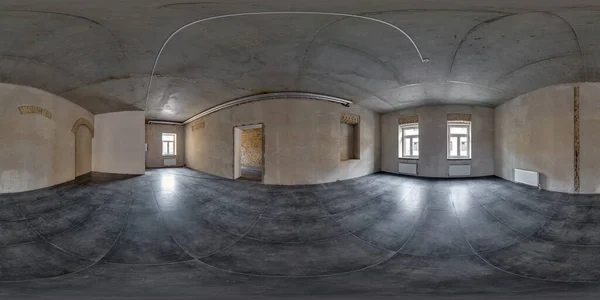 Empty room without repair. full seamless spherical hdri panorama 360 degrees in interior of gray loft room office with panoramic windows in equirectangular projectio