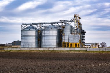 Granary asansörü. tarım ürünleri, un, tahıl ve tahıl ürünlerinin kurutulması ve depolanması için tarım işleme ve imalat tesisi ve gümüş siloları. 