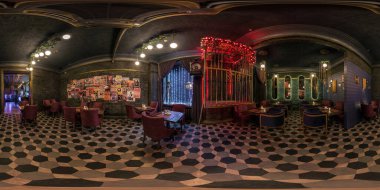 MINSK, BELARUS - APRIL, 2017: full seamless hdri panorama 360 angle view in interior of stylish hall nightclub bar in vintage style with cage for dancing  in equirectangular spherical projection.