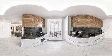 Minsk, Beyaz Rusya - Aralık 2018: equirectangular projeksiyon, Vr içerik modern düz dairelerde iç konuk odası ve mutfakta tam sorunsuz küresel hdri panorama 360 derece açı görünümü