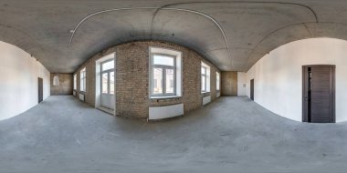 Empty room without repair in old building. full seamless spherical hdri panorama 360 degrees in interior of gray loft room office with panoramic windows in equirectangular projection clipart