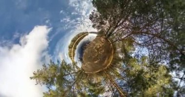 Uzayın kıvrımlı küçük bir gezegen dönüşümü. Soyut bükülme ve döndürme tam uçuş panoraması Nehir yakınlarındaki bir ormanda gökyüzüne kadar yükselen manzara.