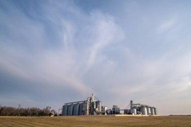 Tarımsal ürünlerin, unun, tahılın ve tahılın temizlenmesi ve depolanması için tarım işleme ve imalat tesisi ve gümüş siloları. Granary asansörü. 