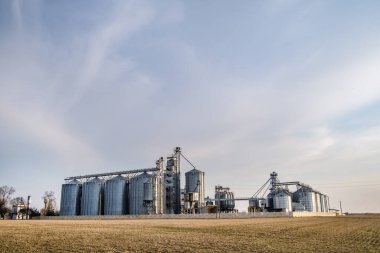 Tarımsal ürünlerin, unun, tahılın ve tahılın temizlenmesi ve depolanması için tarım işleme ve imalat tesisi ve gümüş siloları. Granary asansörü. 