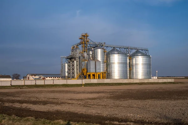 農業製品 小麦粉 穀物や穀物の洗浄と保管を乾燥させるための処理と銀サイロのための農業加工および製造工場 大エレベーター — ストック写真