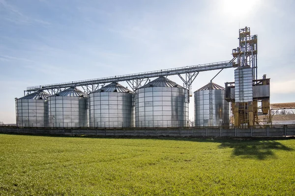 Agro Processing Manufacturing Plant Processing Silver Silos Drying Cleaning Storage — Stock Photo, Image