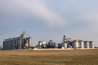 Tarımsal ürünlerin, unun, tahılın ve tahılın temizlenmesi ve depolanması için tarım işleme ve imalat tesisi ve gümüş siloları. Granary asansörü. 