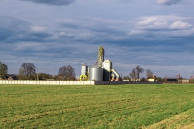 Tarımsal ürünlerin, unun, tahılın ve tahılın temizlenmesi ve depolanması için tarım işleme ve imalat tesisi ve gümüş siloları. Granary asansörü. 