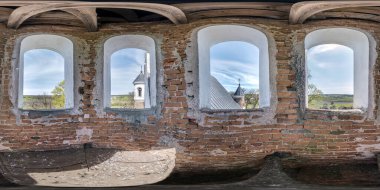 full seamless spherical hdri panorama 360 degrees angle view inside the bell tower of old orthodox defense church  in equirectangular projection with zenith and nadir. VR  AR content clipart