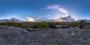 full seamless spherical hdri panorama 360 degrees angle view near abandoned fortress of First World War at sunset in equirectangular projection, ready for VR AR virtual reality clipart