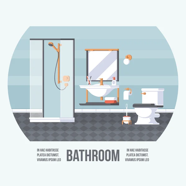浴室淋浴、 水槽和厕所的封面。老式复古风格与平的元件。现代时尚的设计。矢量图. — 图库矢量图片