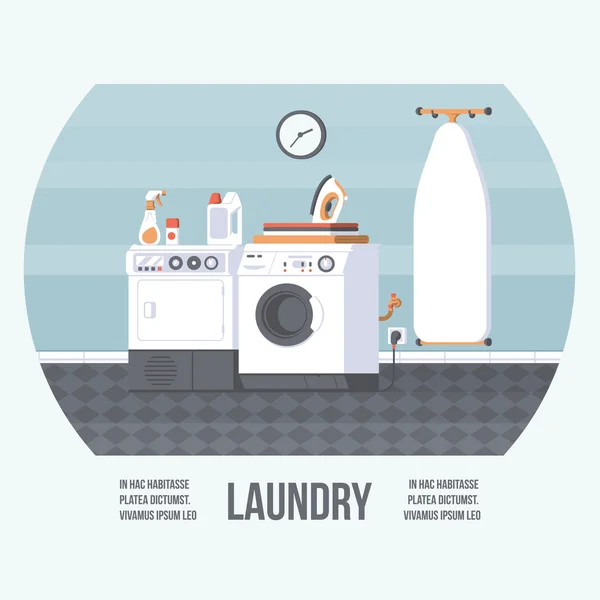 Wasserij kamer Cover met wasmachine, strijkijzer Board en droger. Vintage Retro stijl met vlakke elementen. Modern Trendy Design. Vectorillustratie. — Stockvector