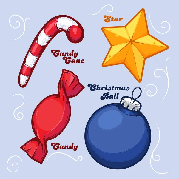 Uppsättning jul objekt - stjärnigt, boll, godis sockerrör. Detaljerade bläck Design. Vektorillustration. — Stock vektor