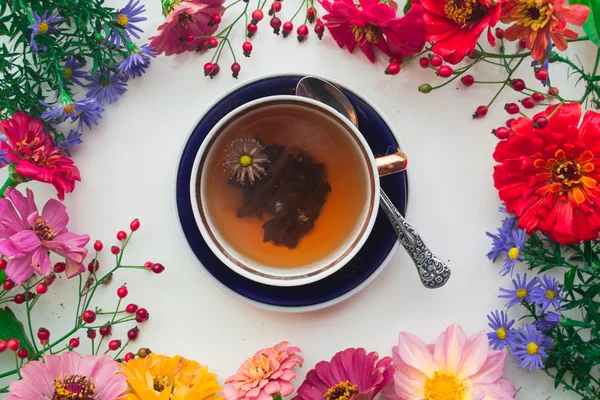 Copa no chá e outono flores moldura no fundo branco — Fotografia de Stock