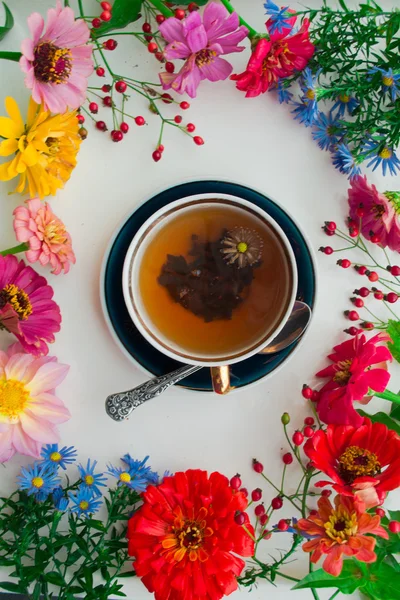 Xícara de chá e flores de outono moldura no fundo branco — Fotografia de Stock