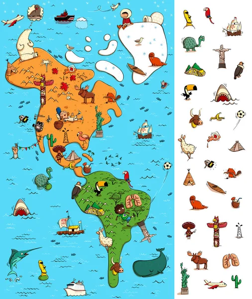 Mapa de América Visual Game. Localize itens isolados em um mapa . —  Vetores de Stock