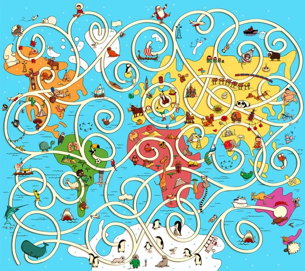 Grande carte du monde labyrinthe jeu. Trouver le bon chemin depuis Austra — Image vectorielle