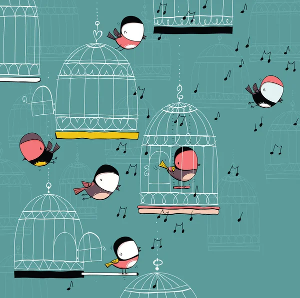 Pájaros Jaulas Sobre Fondo Musical Conjunto Dibujos Animados Archivo Vectorial — Vector de stock