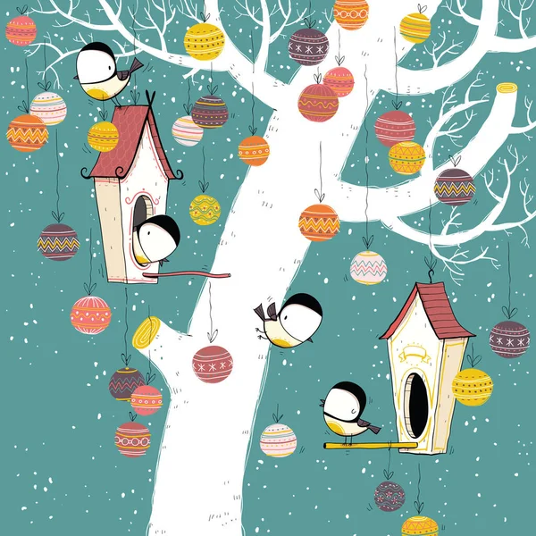 Tit Birds Birdhouses Christmas Background Cartoon Set Eps10 Vector File — 스톡 벡터