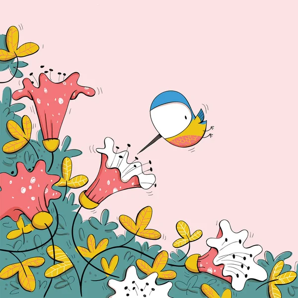 Illustration Oiseaux Colibri Avec Des Fleurs Isolé Sur Fond Rose Illustration De Stock