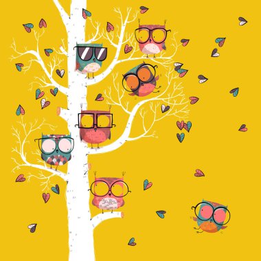 Sevimli Baykuş aşk çizimi. Çizgi film seti. EPS10 vektör dosyası.