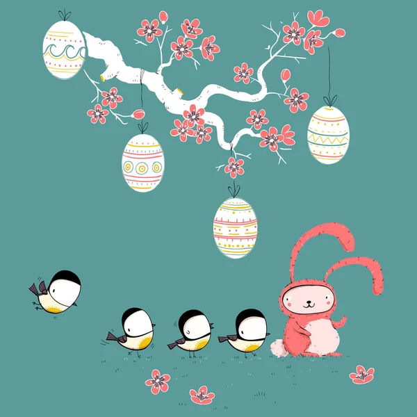 复活节兔子图片与彩绘的蛋和鸟 卡通组 Eps10矢量文件 图库插图