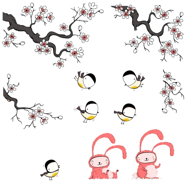 Colección Ilustración Conejito Pascua Con Flores Cerezo Pájaros Conjunto Dibujos Gráficos vectoriales
