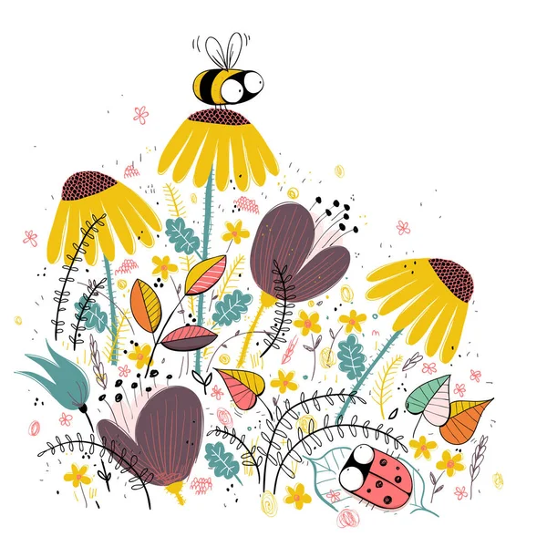 Ilustración Abejas Melíferas Con Fondo Floral Conjunto Dibujos Animados Archivo Gráficos Vectoriales