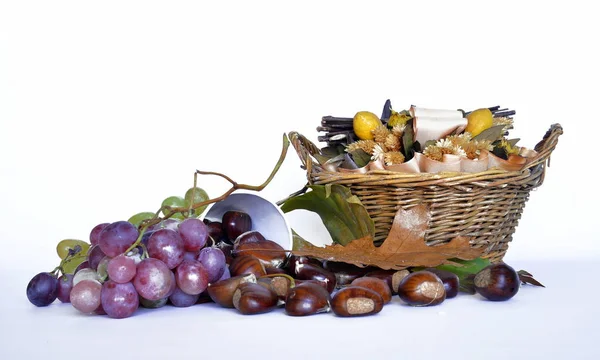 Φθινοπωρινά φρούτα, κάστανα και σταφύλια — Φωτογραφία Αρχείου