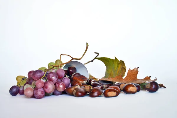 Autumn fruits, chestnuts and grapes — Stock Photo, Image