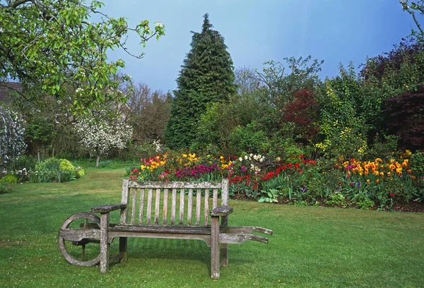 Яскравий весняний кордон тюльпанів і звичайне садове сидіння. — стокове фото