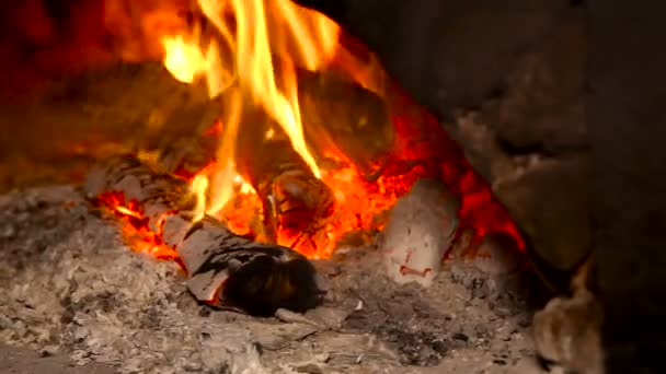 La leña está ardiendo en la estufa del pueblo. Primer plano — Vídeos de Stock