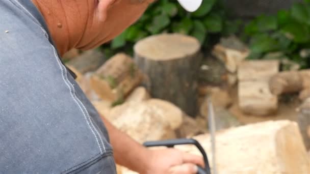 Un hombre está aserrando madera con una motosierra. Movimiento lento — Vídeo de stock