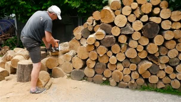 Een man is het zagen van hout met een kettingzaag. Slow motion — Stockvideo
