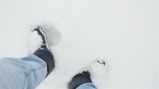 Nære på beina til en mann som går i snøen. Kald sesong. Langsom bevegelse – stockvideo