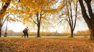 Sonbaharda erkekler parkta yürür. Ağır çekim. 10.15.2019 Ukrayna, Kiev VDNH