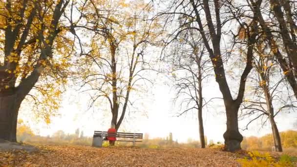 Chica con un vestido rojo se sienta en un parque en un banco. Pasando ciclistas. Cámara lenta 10.15.2019 Ucrania. Kiev VDNH — Vídeos de Stock