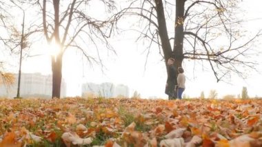 A guy with a girl walking in the autumn park. Slow motion 10.15.2019 Ukraine. Kiev VDNH