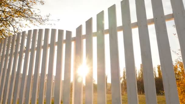 White fence made of wood. Closed area. Bright rays of the sun. Slow motion — Stock video