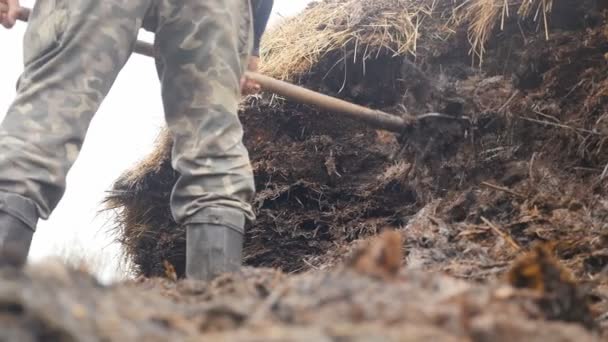 Estiércol fresco. Agricultor en el campo. En cámara lenta. Primer plano — Vídeo de stock