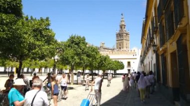 Seville, İspanya 02.02.2020 Turistler şehirde bisiklet sürüp yürüyorlar. güneşli bir gün