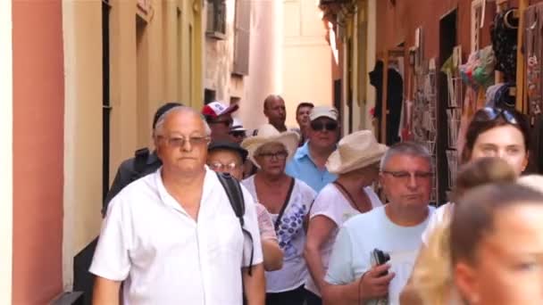 2020年2月2日，西班牙塞维利亚，一群游客沿着一条狭窄的街道步行。病毒在全国的流行。没有面具的人 — 图库视频影像