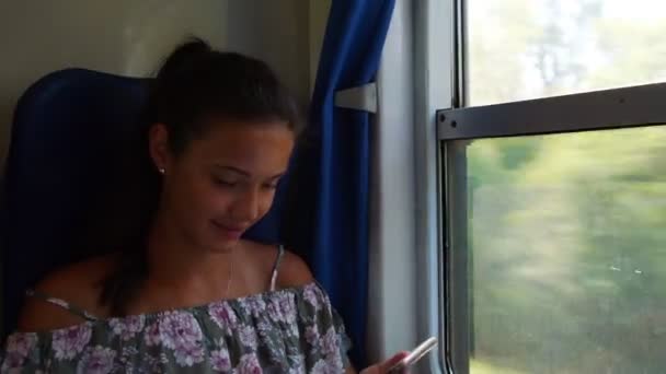 Gyönyörű lány ellenőrzi a telefont, és néz ki a vonat ablakán — Stock videók