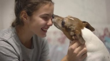 Gri tişörtlü genç kız sevimli köpek yavrusuyla oynuyor.