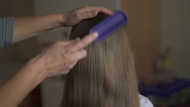 Grand-mère brosse petite-fille longue blonde cheveux raides — Video