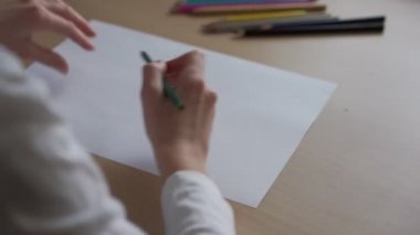 Beyaz gömlekli kız çam ağacını kağıt üzerine çiziyor.
