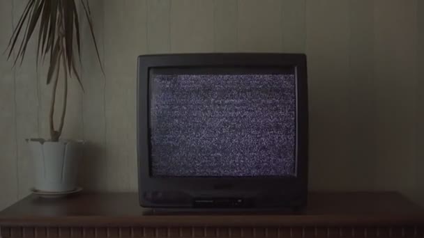 cassé TV-set par pot fleur clignote debout sur tiroir unité 